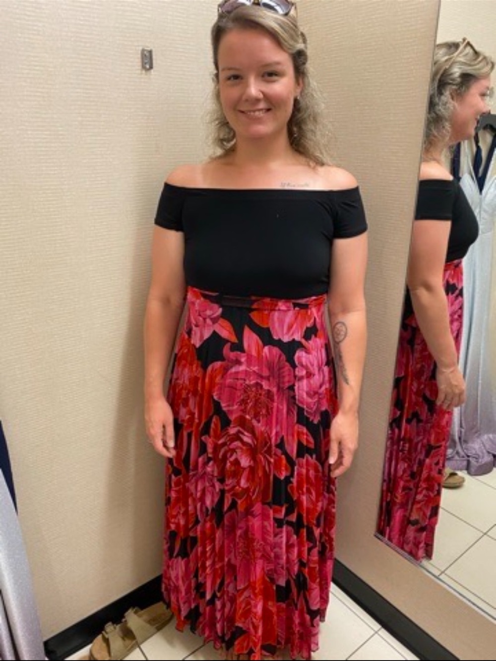 Off-Shoulder Black Maxi Dress with Pink & Red Floral Skirt